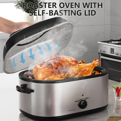 SUNVIVIPRO Roaster Oven 28 Quart, Electric Turkey Roaster with Self-Basting Lid, Removable Pan & Rack, Variable Temp Control, Stainless Steel Silver