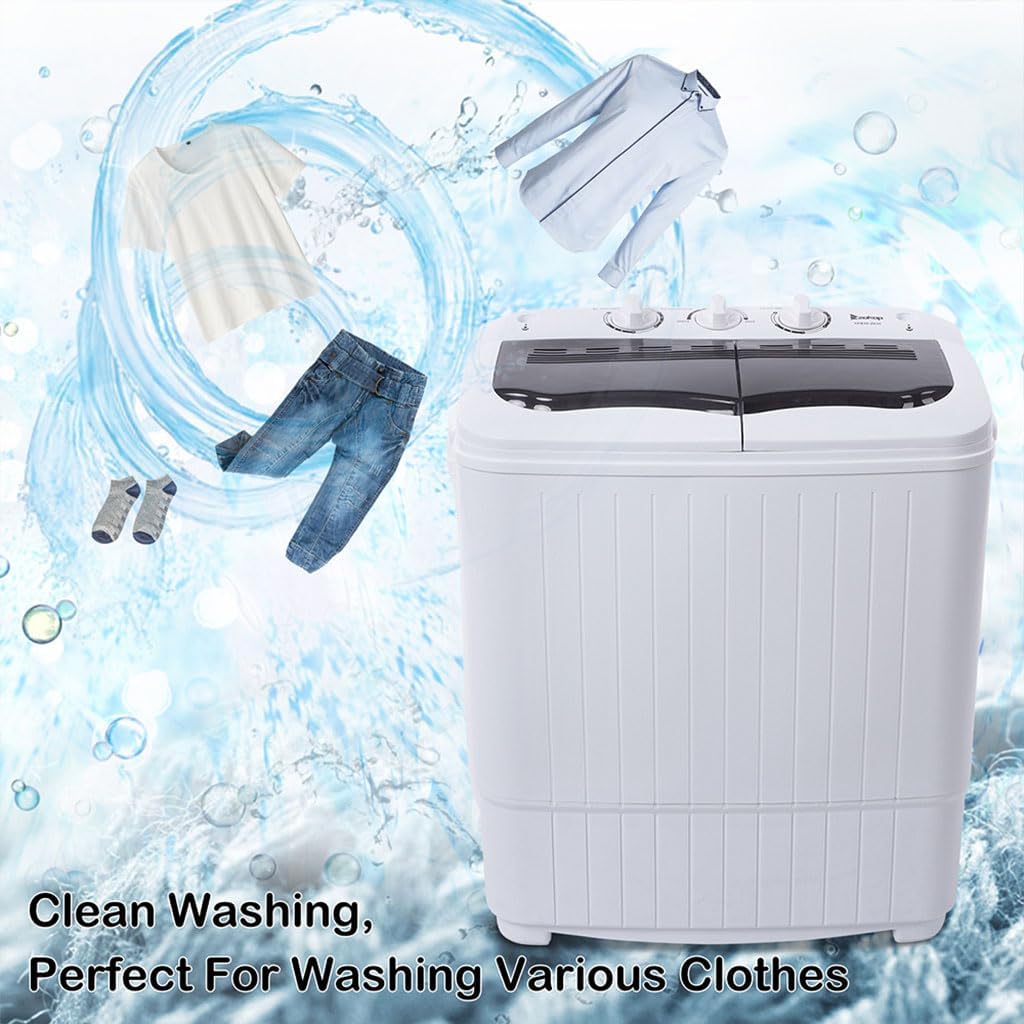 Portable Twin Tub Washing Machine,14.3lbs Compact Twin Tub with Built-in Drain Pump Semi-Automatic Combo Compact Laundry Machine Semi-Automatic for Camping, Apartments, Dorms & RV's