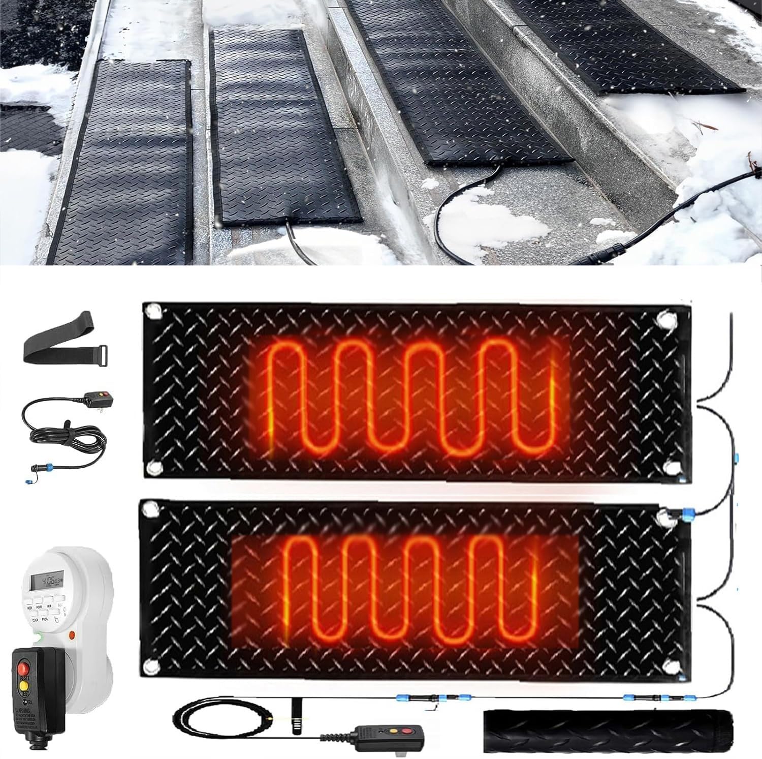Heated Snow Melting Mats with Timer, 1/2/3/4/5 Pcs Non Slip Rubber Heated Mat,Winter Snow and Ice Melting Mat for Outdoor Stairs,Steps,Doorways,Walkways,Driveway(2 Pcs-12x36in/(30x90cm))