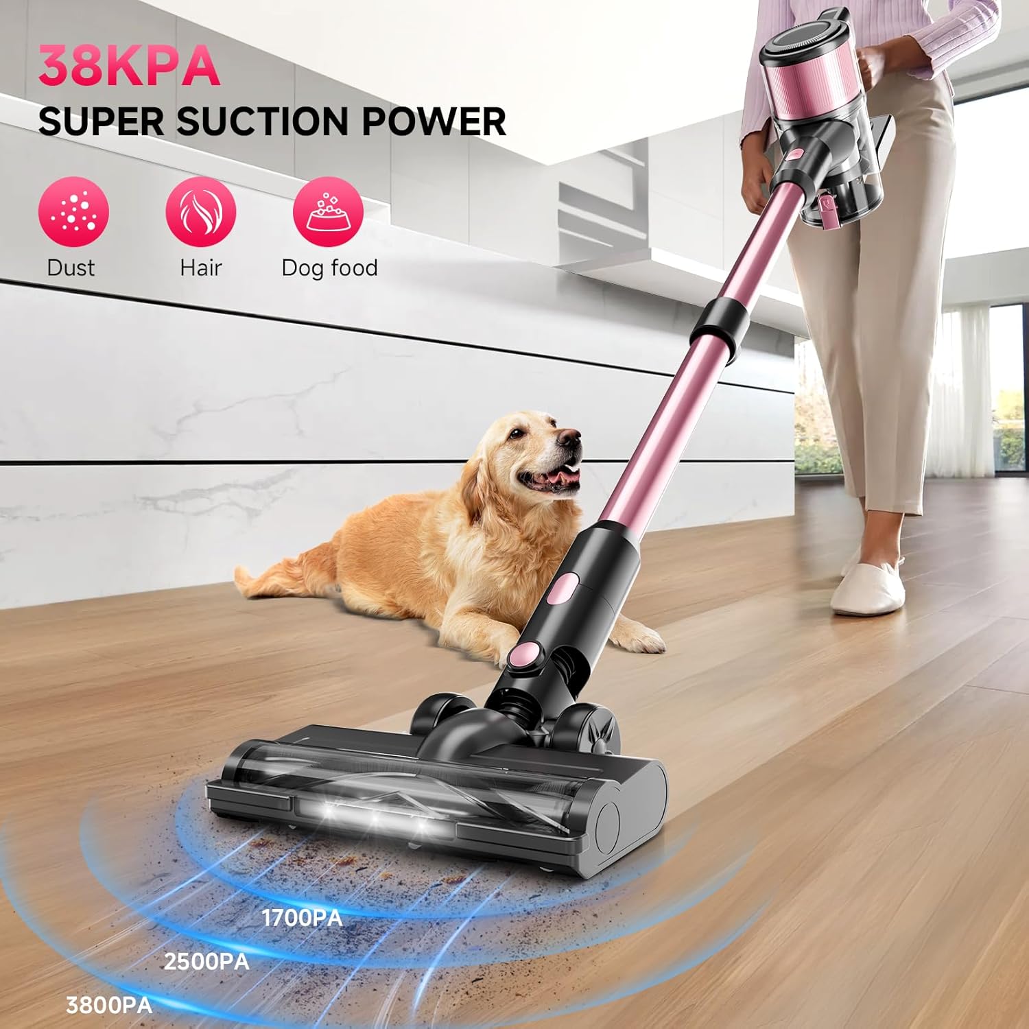Cordless Vacuum Cleaner, 8 in 1 Powerful Stick Vacuum with 45min Runtime, Anti-Tangle Vacuum Cleaners for Home, Lightweight Handheld Wireless Vacuum for Hardwood Floor Carpet pet Hair, Rose B
