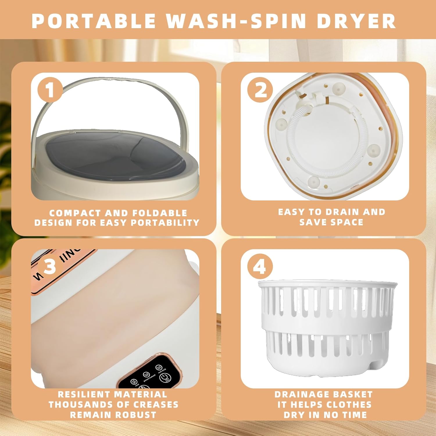 Portable Washing Machine - 12L Foldable Mini Washer with Spin Dry Basket, 3 Wash Modes | Space-Saving Collapsible Design for Apartment, Dorm, RV, Travel | Easy Setup (Khaki)