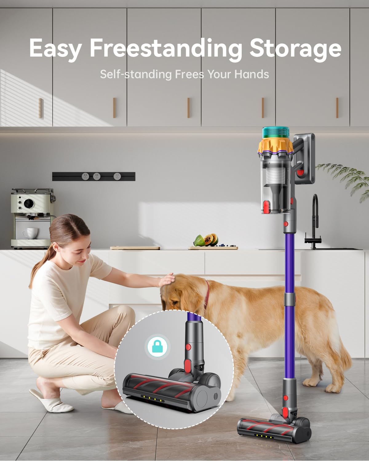 Cordless Vacuum Cleaner, 50KPA 600W 65Mins Extra-Large Dust Cup Cordless Stick Vacuum, Rechargeable Vacuum Cleaner with Self-Standing, Vacuum Cleaners for Home, Hardwood Floor, Carpet, Pet Hair