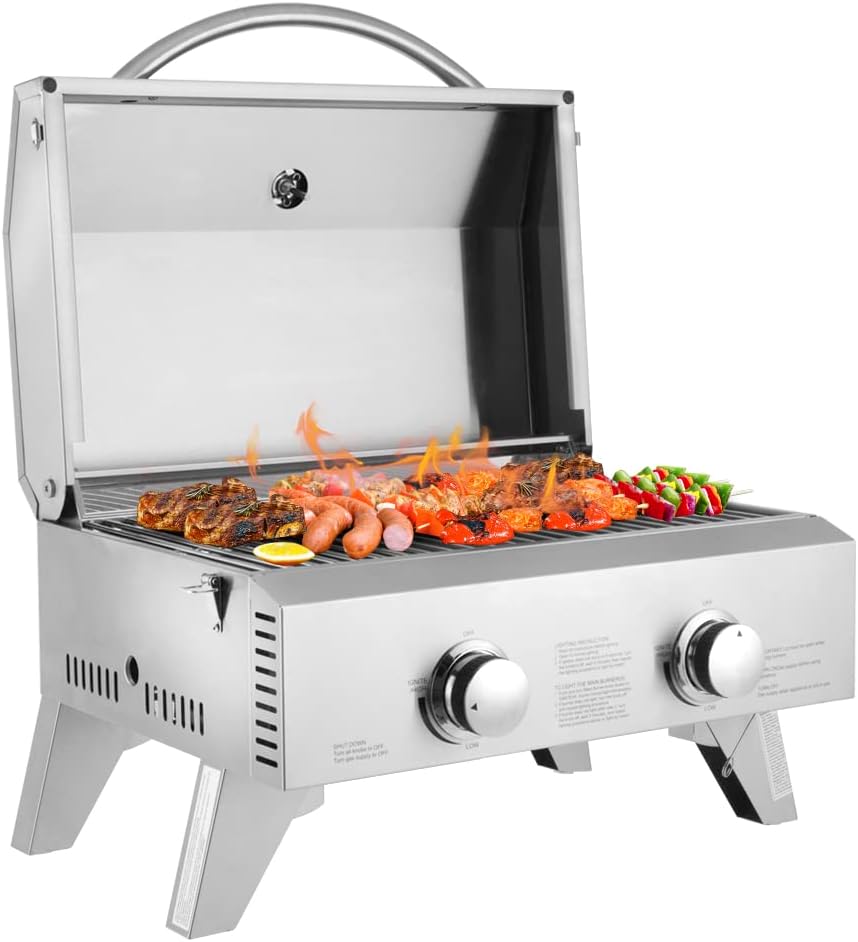 ROVSUN 20,000 BTU Portable Gas Grill, Large 2 Burner Tabletop Propane Grill with Foldable Legs, Regulator & Full Stainless Steel for Outdoor Picnic Camping Trip Tailgating Patio Garden BBQ Home Use