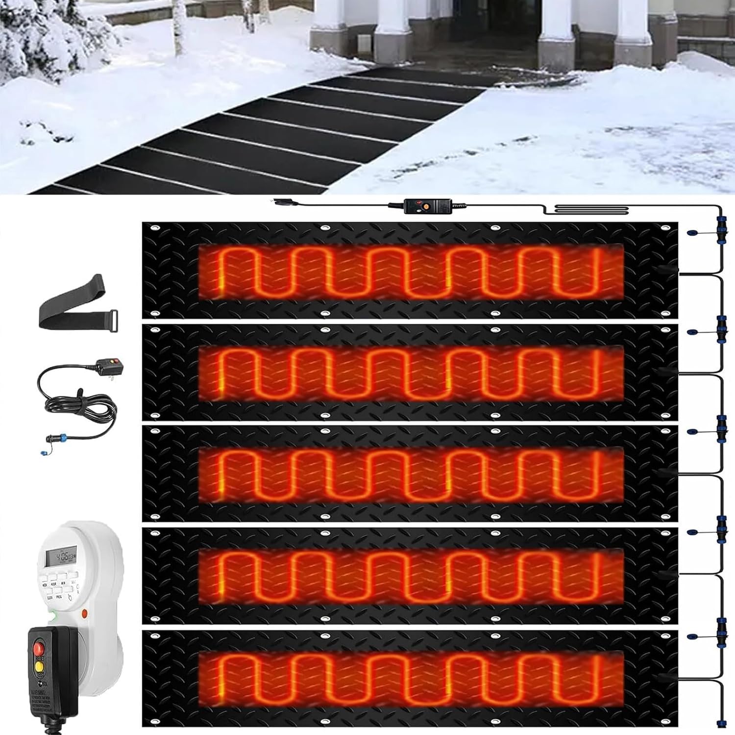 Snow Melting Walkway Mat with Timer, 1/2/3/4/5 Pcs Anti-Slip Rubber Heated Stair Mat,Snow and Ice Heated Pad for Winter Outdoor Stairs, Steps, Doorways, Walkways, Driveway(5 Pcs,12x48in/(30x12