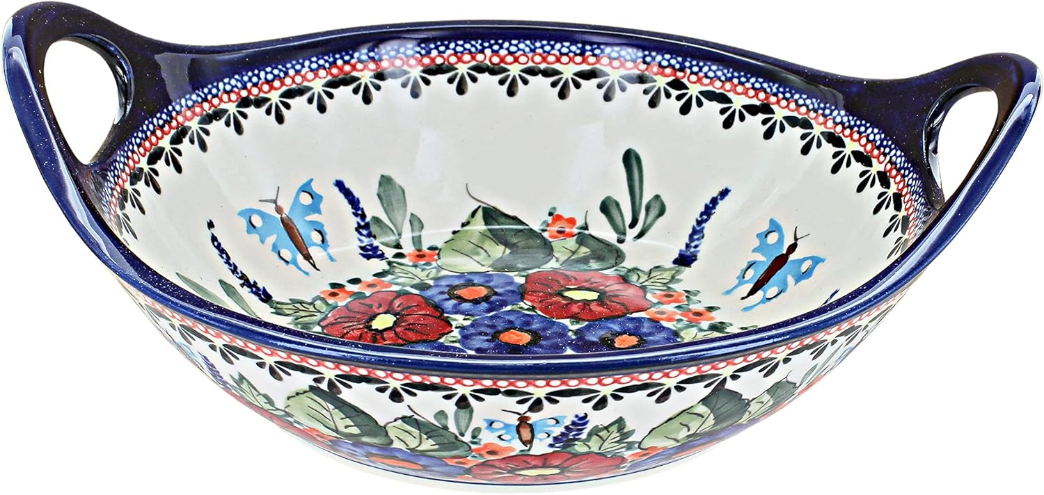 Blue Rose Polish Pottery - Red Floral Butterfly Small Bowl with Handles - 8.5