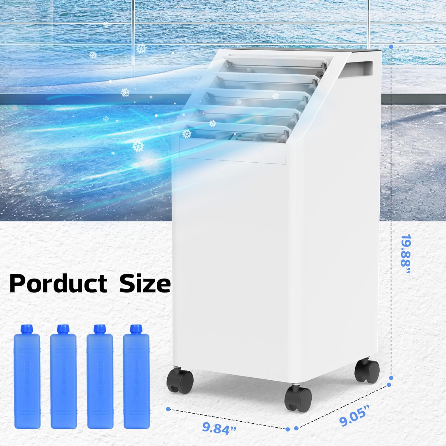 3-IN-1 Windowless Portable Air Conditioner, Evaporative Air Cooler with 90° Oscillation, 3 Speeds, Remote, 1 Gal Water Tank, 4 Ice Packs, Timer, Fast Cooling Fan for Indoor Bedroom Office