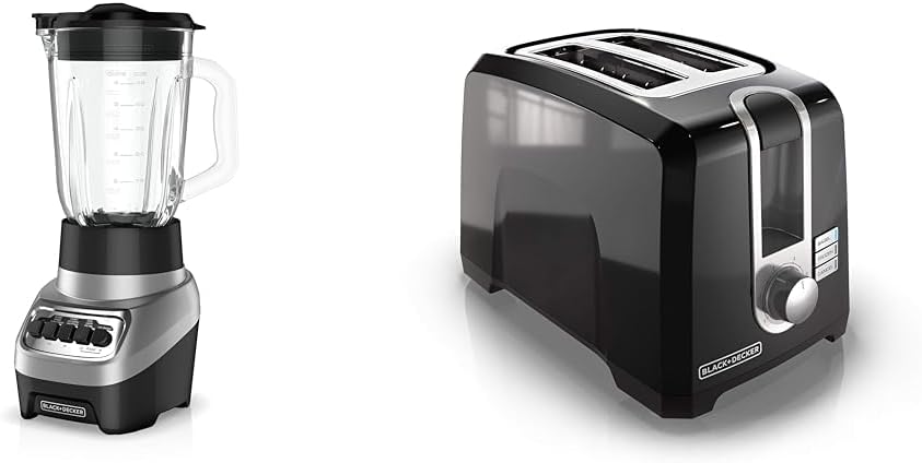 BLACK+DECKER PowerCrush Multi-Function Blender with 6-Cup Glass Jar, 4 Speed Settings, Silver & 2-Slice Extra Wide Slot Toaster, One Size