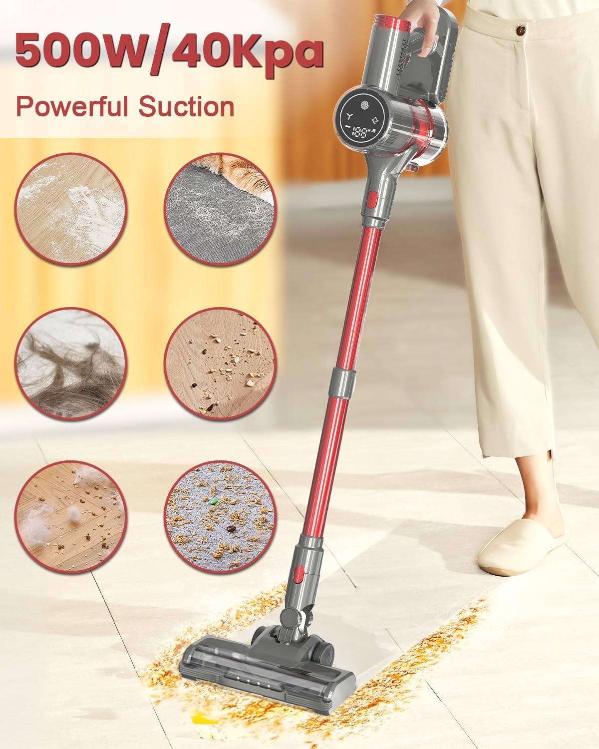 Cordless Vacuum Cleaners for Home,500W/40Kpa Powerful Suction Stick Vacuum Cordless Rechargeable LED Display 40min Runtime 6-in-1 Upright Vacuum Cleaner Hardwood Floor Pet Hair Carpet Tile