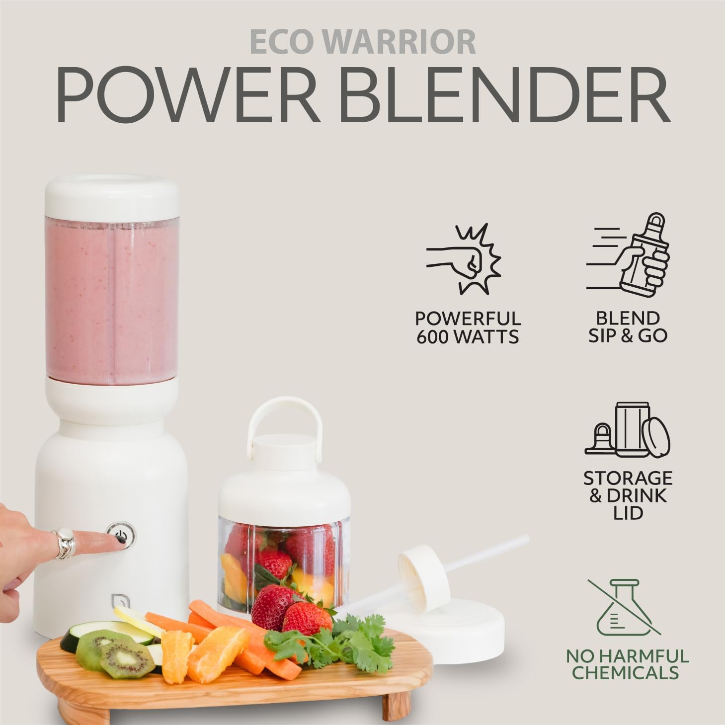 WILLOW Eco Series Warrior Blender, Compact Personal Blender for Smoothies, Shakes & Ice Crushing, One-Button-Operation Smoothie Maker, 600 Watt Base, Includes 30 OZ Cup + To-Go Cup with 2 Lids