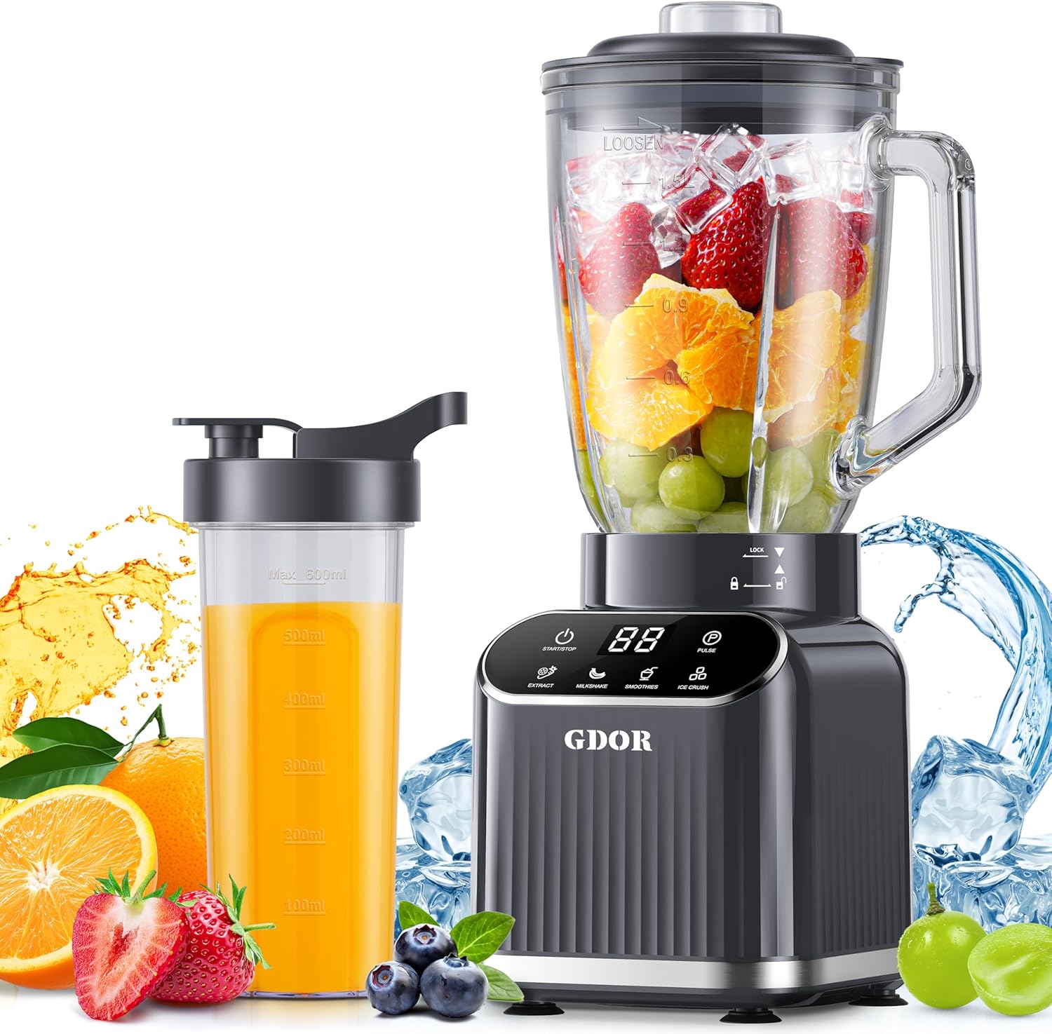GDOR Professional Blender for Smoothies, 5 Functions, 1200 Peak Watts Smoothie Blender, 52 Oz Glass Jar & 24 Oz To-Go Cup Combo, Blenders for Smoothies, Ice and Frozen Fruit, Self-Cleaning, Gray
