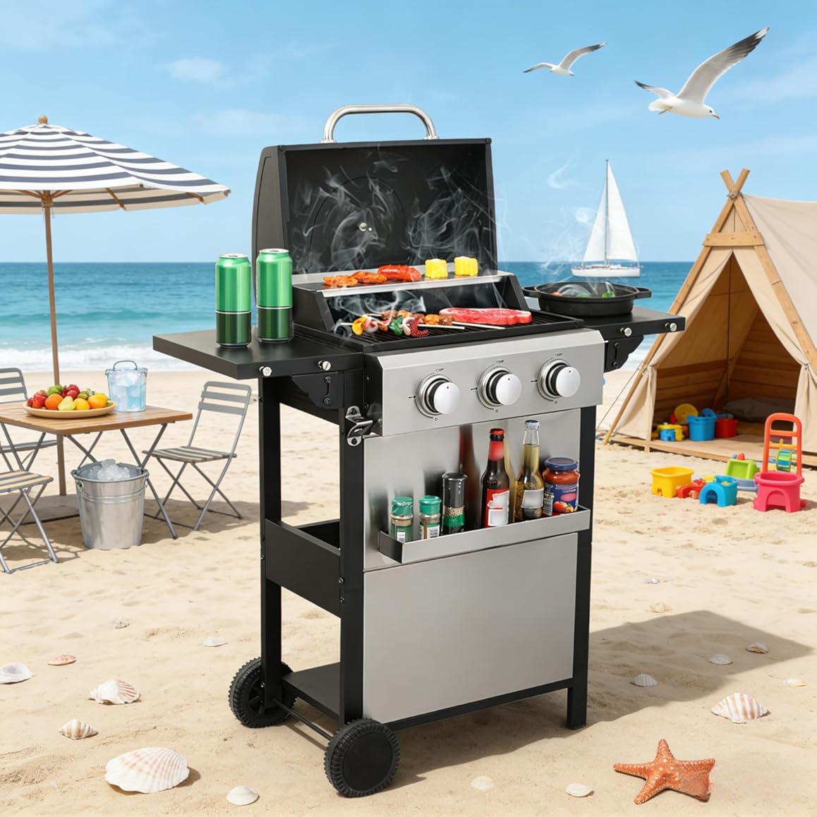 3 Burner Propane Gas Grill 25,650 BTU with Foldable Side Tables, Stainless Steel Warming Rack, Bottle Opener & Thermometer, Compact Outdoor BBQ Grill with Wheels