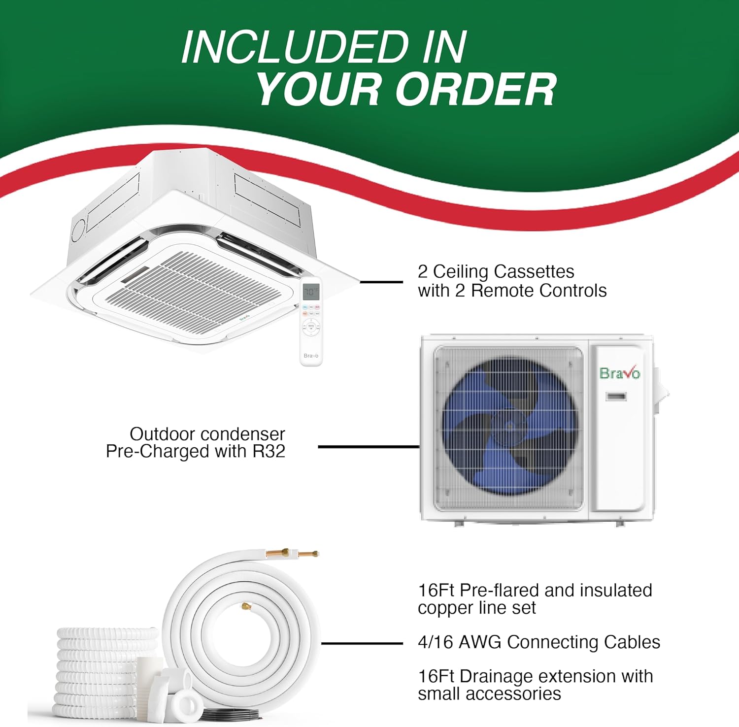 BRAVO 24,000 BTU Dual Zone 12000 + 12000 BTU Ceiling Cassette, 23 SEER2 Ductless Mini Split AC & Heat Pump – Includes Smart Control & 16FT Installation Kits – Inverter System