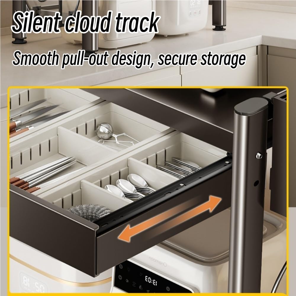 Adjustable Microwave Oven Countertop Rack, Microwave Oven Rack, Kitchen Counter Shelf, 2 Tier Metal Kitchen Countertop Organizer Shelves with 6 Hooks(59cm-23.2in)