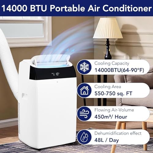 Portable Air Conditioner, 14,000 BTU AC, Cools Up to 750 Sq.Ft,3-In-1 Quiet Air Cooler with Remote Control & Installation Kits for Office and Home, Night Mode, 24H Timer