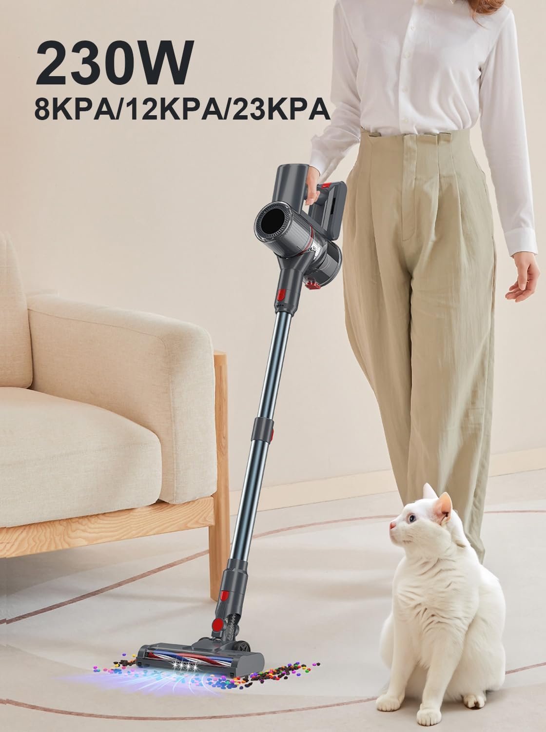 GGV Cordless Vacuum Cleaner, 300W 45KPA Suction Power, 60 Min Runtime, Self-Standing Stick Vacuum with Wall Mount Charging, 3 Modes for Pet Hair, Carpet & Floor