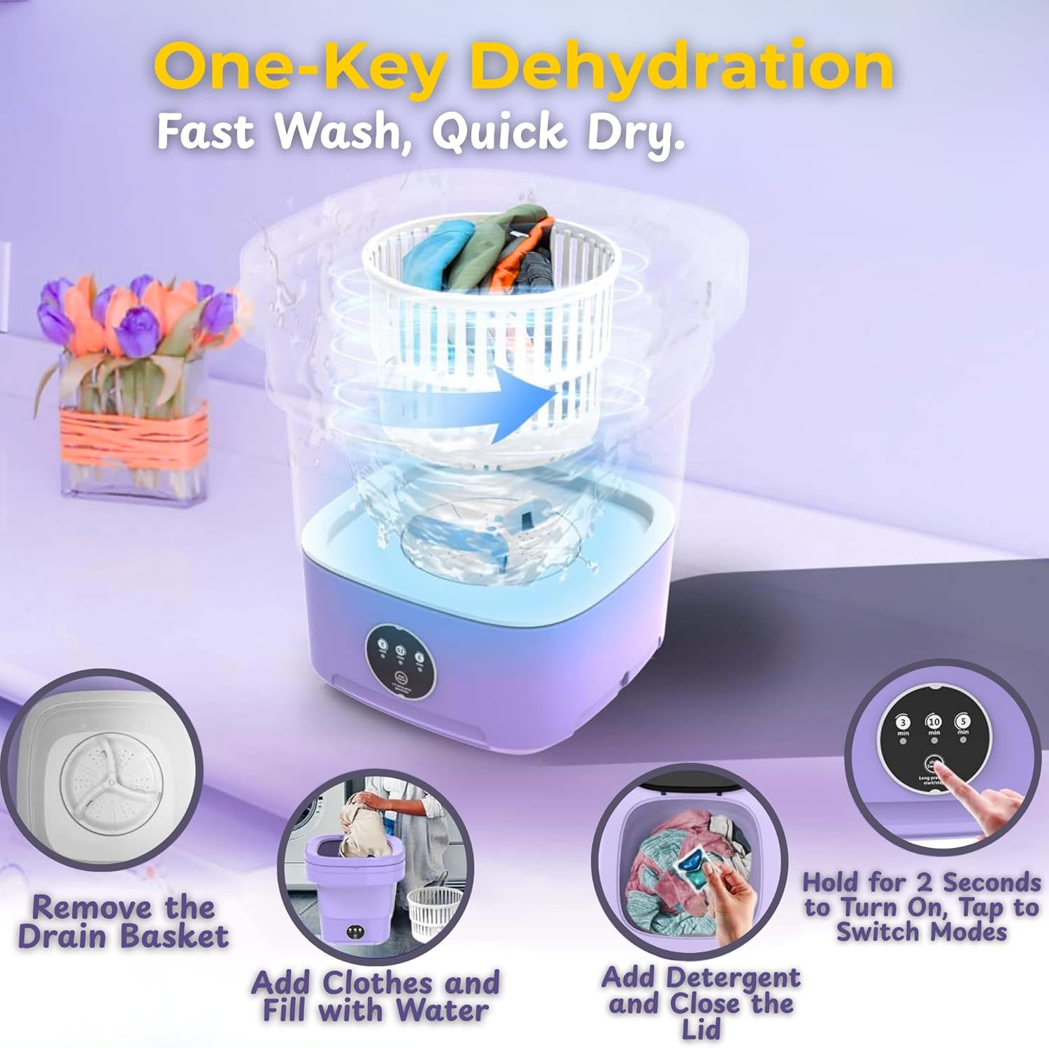 Mini Washing Machine 16L Purple Portable Washer for Apartments, Dorms, RVs – Compact Laundry Washer with Powerful Motor & Low Noise – Travel, Small Spaces & Delicates Laundry Solution