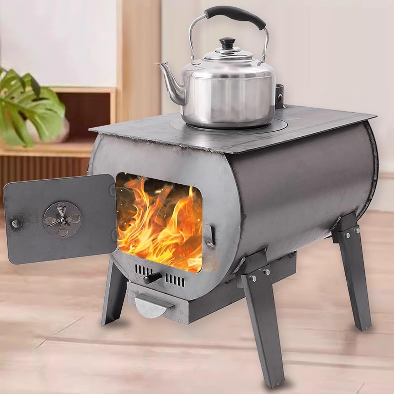 Camping Wood Stove, Wood Burning Stove Indoor and Outdoor, Home Heating Stoves with Removable Furnace Legs and Ash Box for Home Heating Cooking Shelter