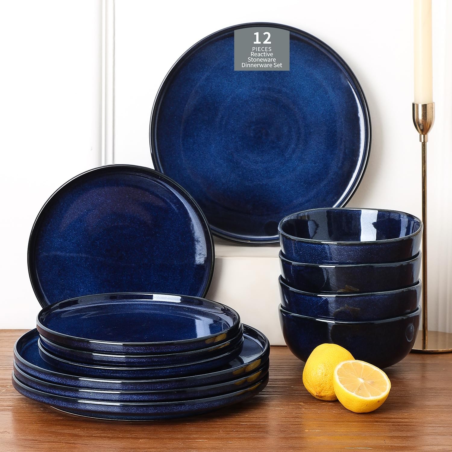 Vicrays Ceramic 12 Pieces Dinnerware Set - Dinner Plates Salad Plates Cereal Bowls Set Service for 4 - Scratch Resistant Microwave Oven Dishwasher Safe - Blue
