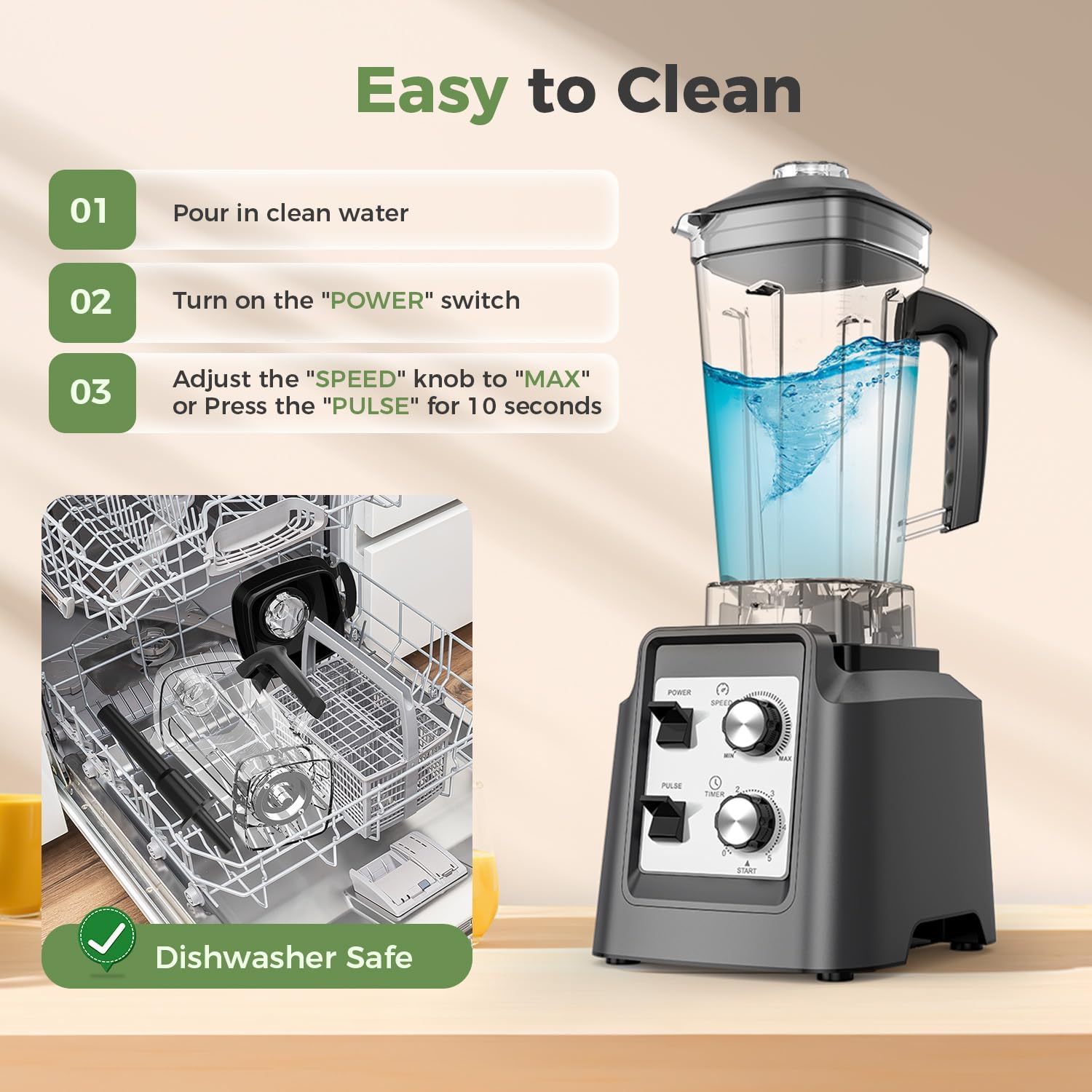 Blenders for Kitchen, Smoothie Blender with Timer - Countertop Blenders with 68oz Dishwasher-Safe Pitcher, Ice Crushing & Frozen Fruit, Silver