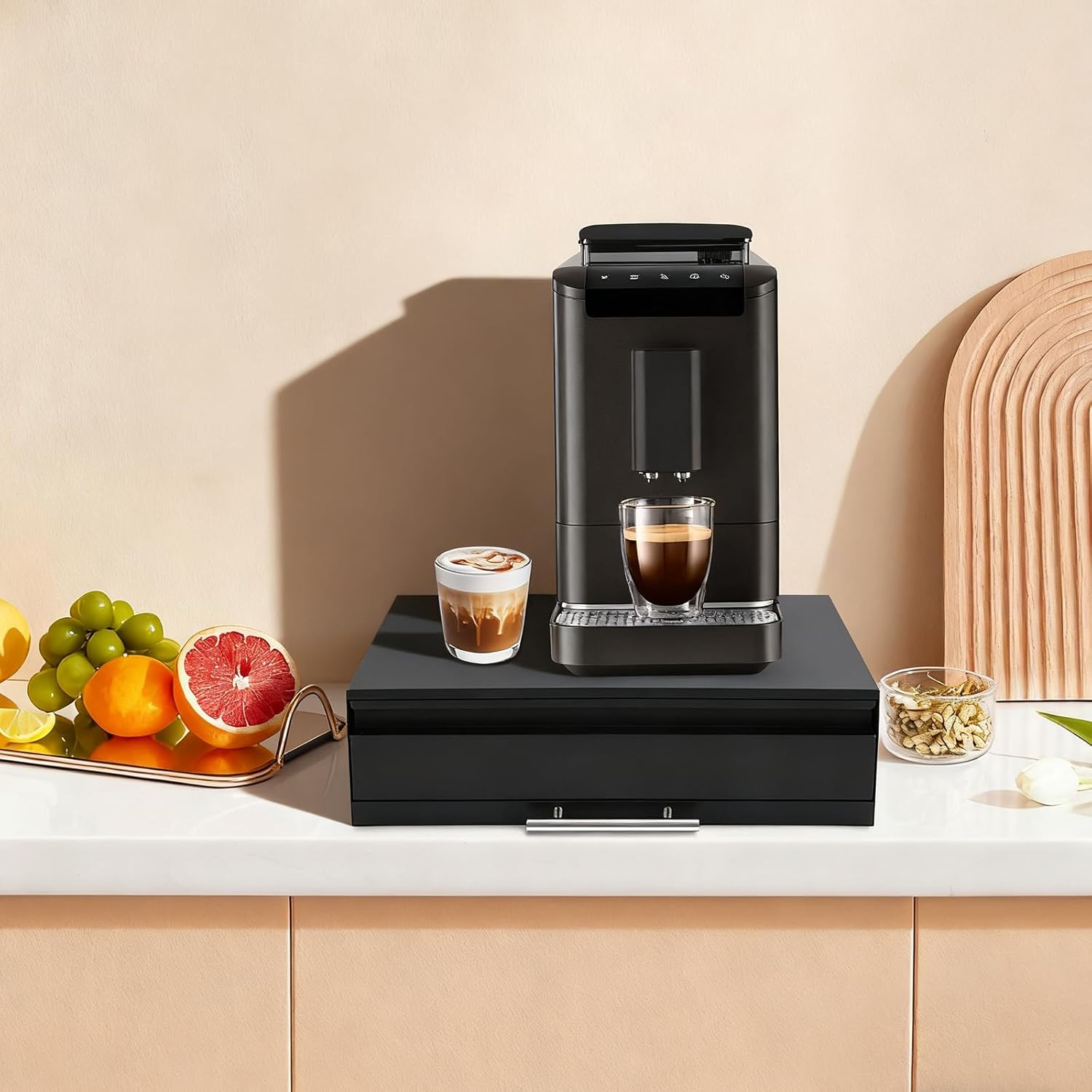 Countertop Drawer | Microwave Stand with Pull-Out Shelf & Drawer | Rust-Resistant Carbon Steel | Modern White Design | Easy Assembly | Fits Small Appliances & Kitchen Essentials (Black)