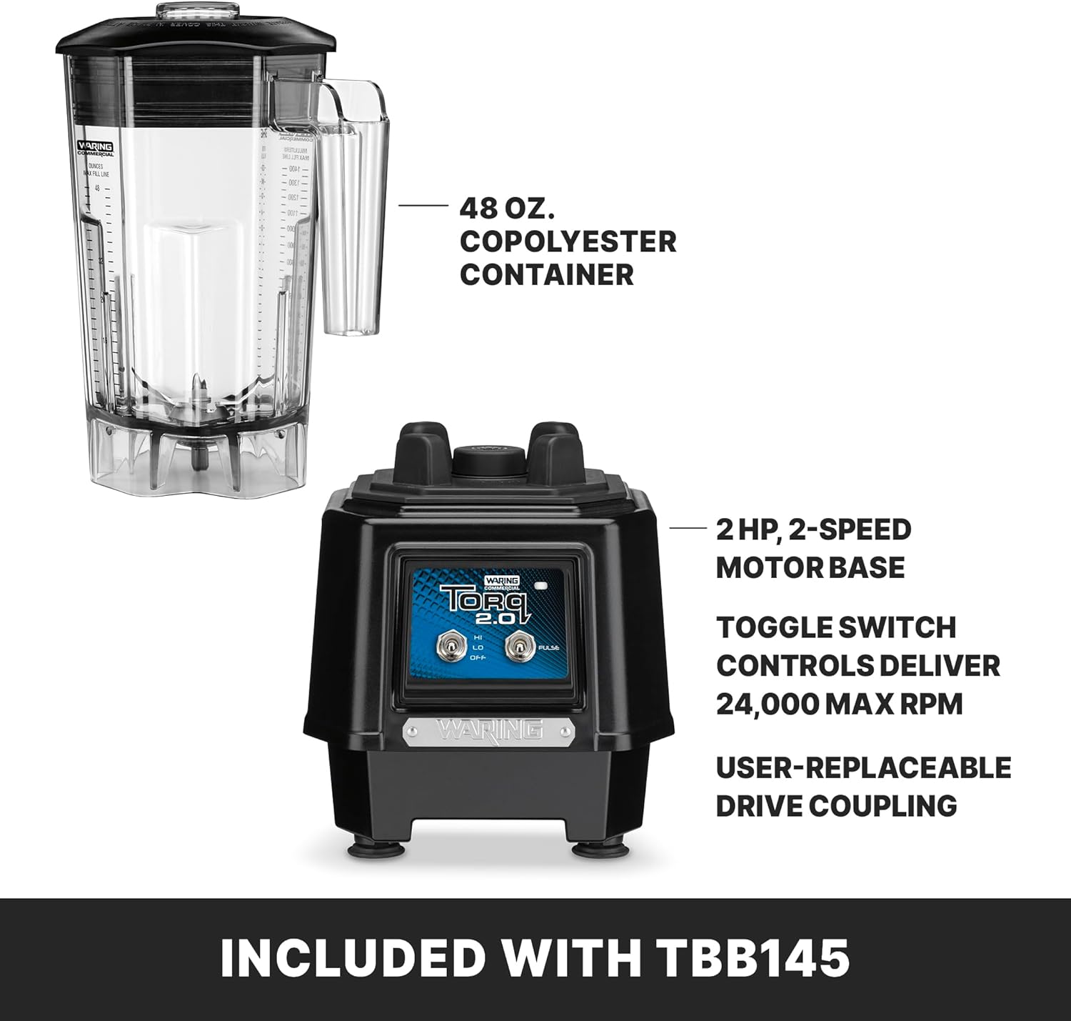 Waring Commercial TBB145 TORQ 2 Horsepower Blender, 2 Speed Toggle Switch Controls, with 48 oz. BPA Free Container, 120V, 5-15 Phase Plug, 9 x 15.75 x 11.5 inches, Multicolor