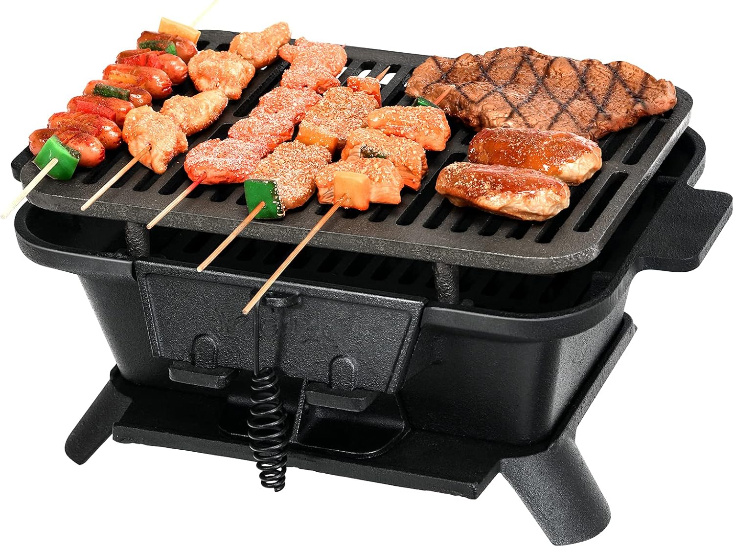 Happygrill Charcoal Grill Portable Barbecue Smoker Grill, Cast Iron Hibachi Grill with Double-sided Grilling Net Air Regulating Door Fire Gate for Outdoor Cooking Camping Hiking Party