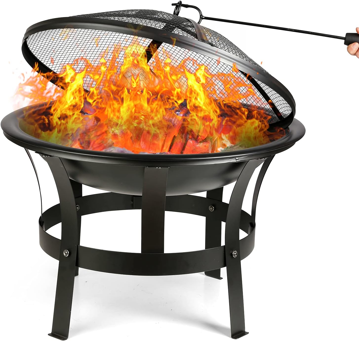 Generic 22InFire Pit Bowl Wood Burning with Protective Grille & Poker Multifunctional for Heating/BBQ Garden Patio Fire Pot,Portable BBQ Grill for Camping Beach Bonfire Picnic Garden, black