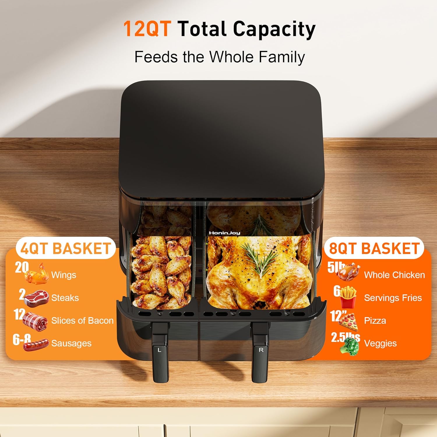 12QT Large Air Fryer with Dual Basket (4QT+8QT), 13-in-1 Digital Touchscreen Double Zone Air Fryers with 50pcs Paper Liners, Sync & Dual, for Bake, Roast, Shake Reminder, Dishwasher Safe