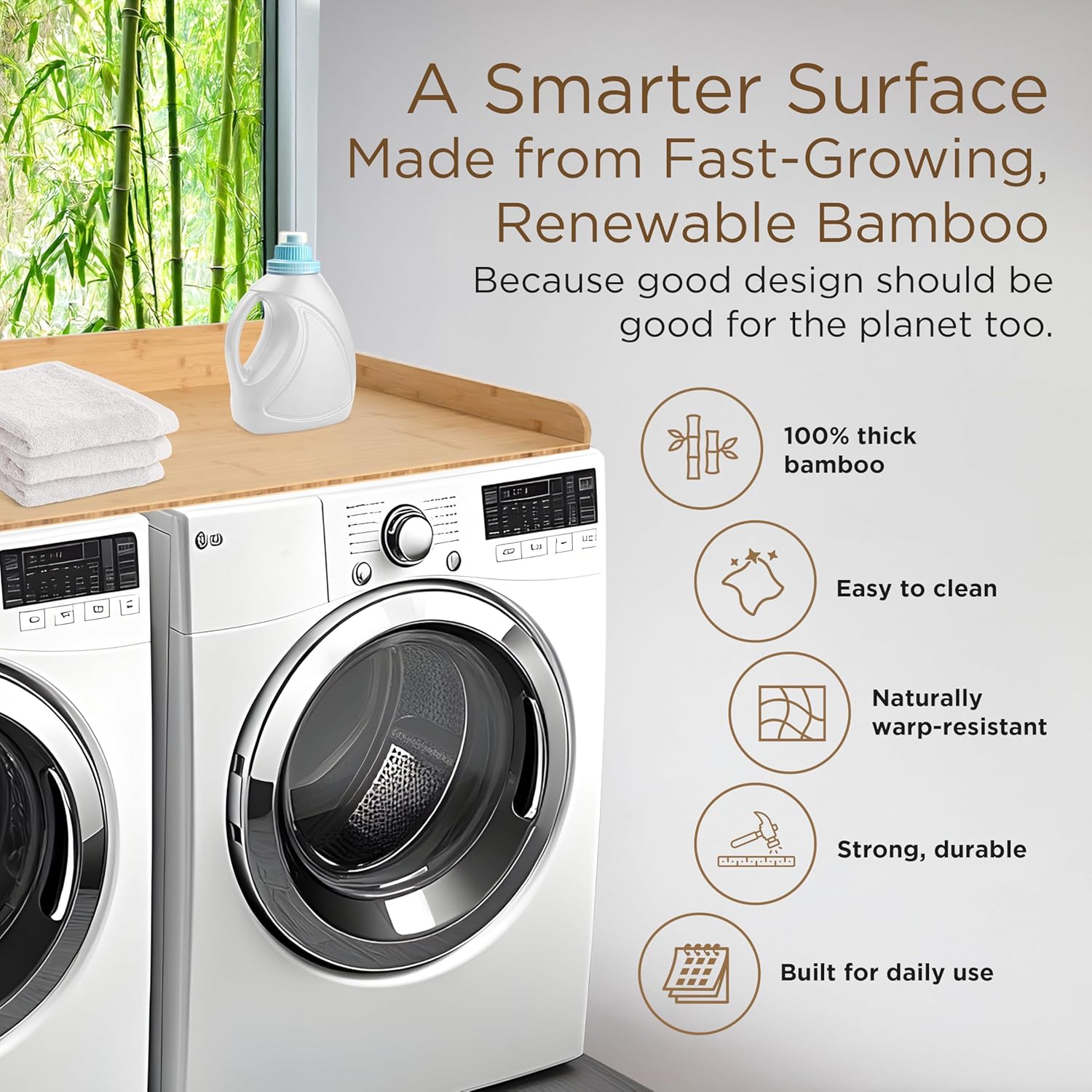 Solid Bamboo Washer Dryer Countertop, Laundry Wood Shelf Topper with Non-Slip Pads, Edge Rails and High Back Rail for Laundry Room Storage & Organization, Washer Dryer Counter Storage, 25