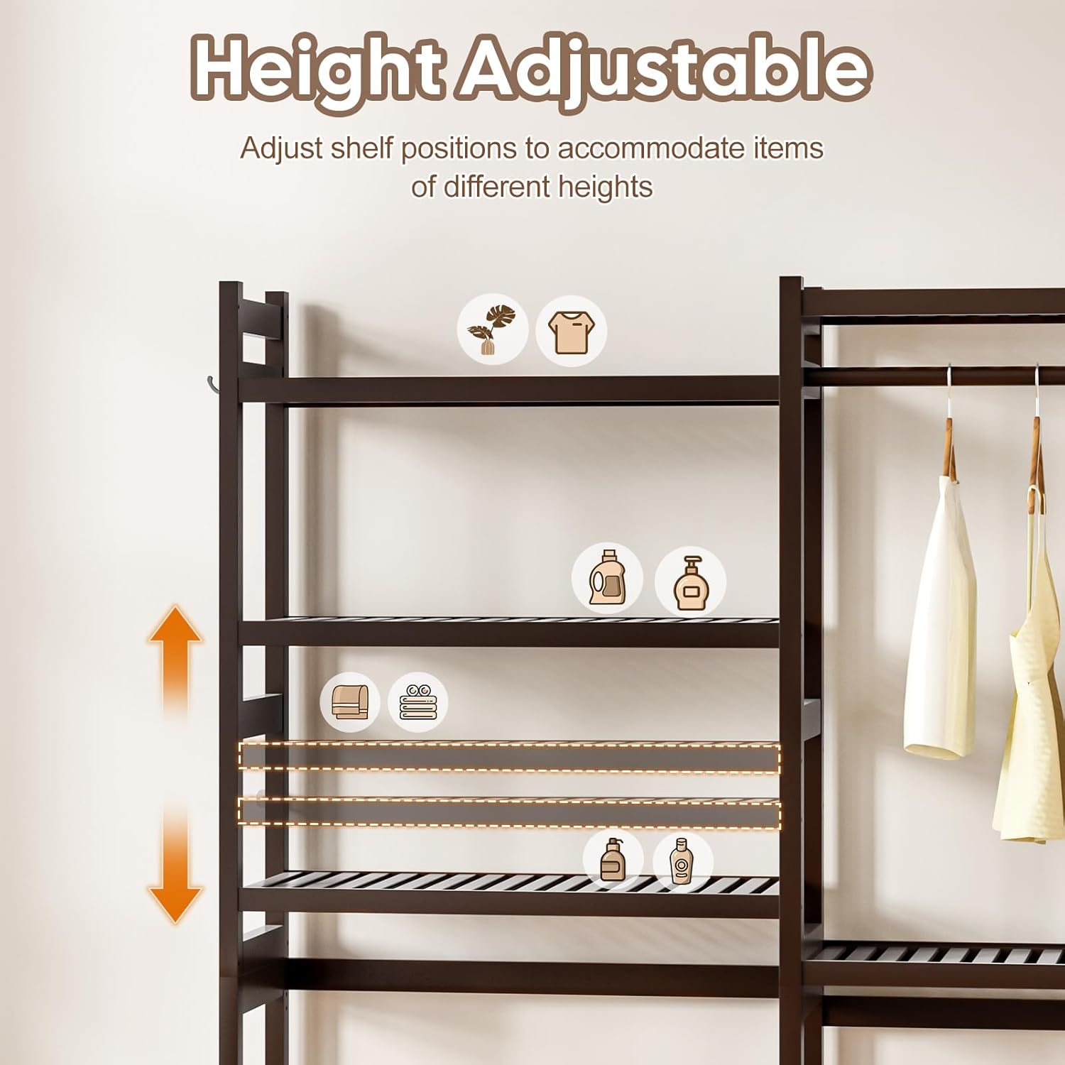 Over The Washer and Dryer Storage Shelf Bamboo,5 Tiers Laundry Room Drying Rack with Adjustable Shelves and 4 Hooks,Space Saver Organizer for Hanging Clothes and Towels (Brown)