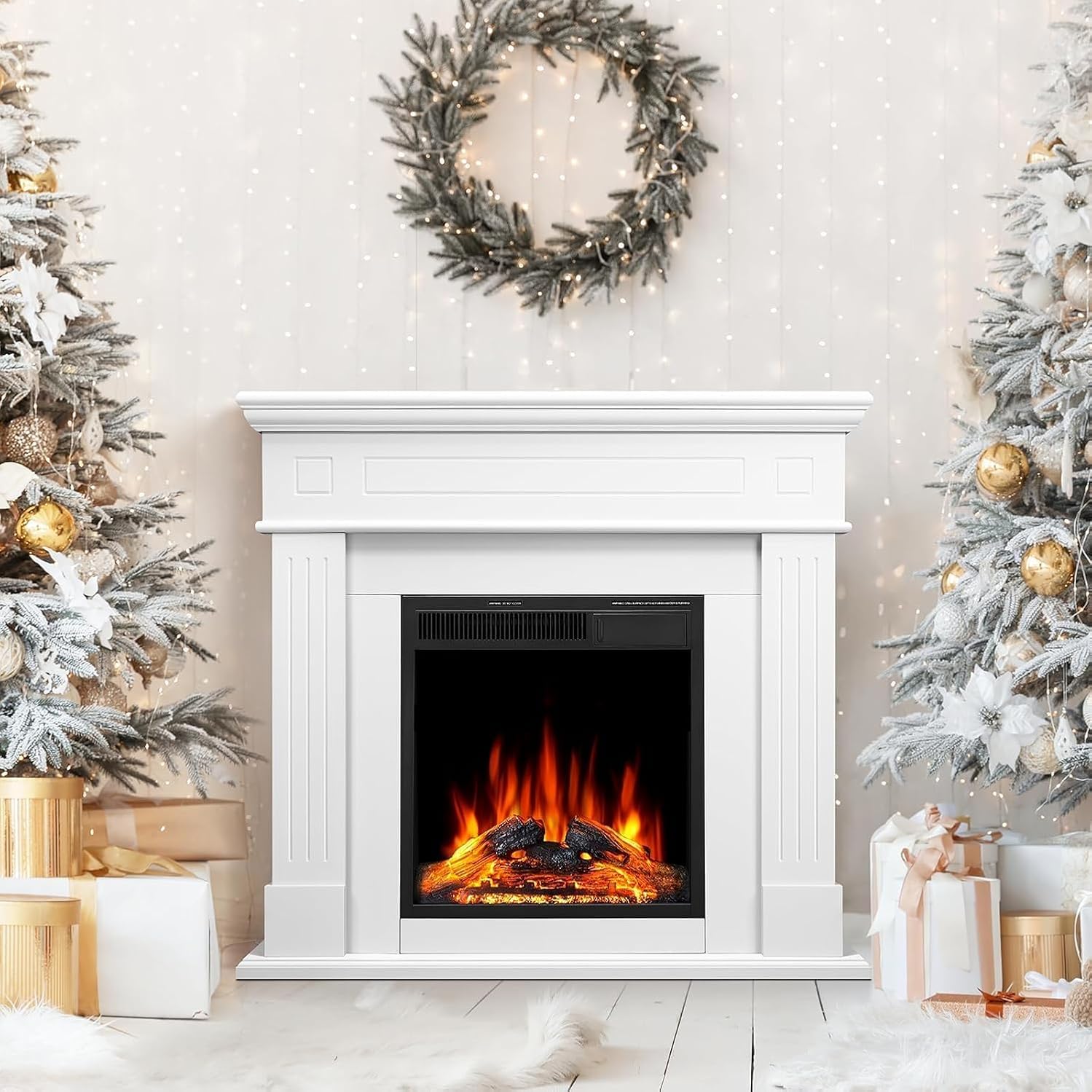 43 Inch Fireplace TV Stand with Mantel - Electric Fireplace Heater, Wooden Entertainment Center, Adjustable LED Flame, Freestanding (750W/1500W),Cream