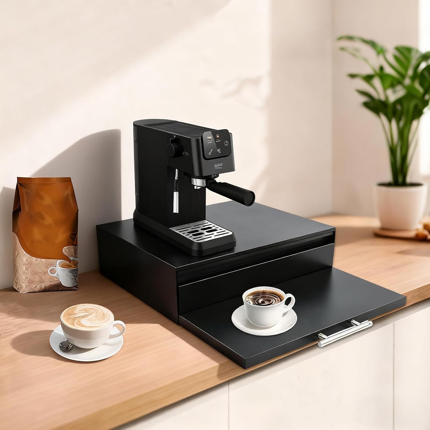 Countertop Drawer | Microwave Stand with Pull-Out Shelf & Drawer | Rust-Resistant Carbon Steel | Modern White Design | Easy Assembly | Fits Small Appliances & Kitchen Essentials (Black)