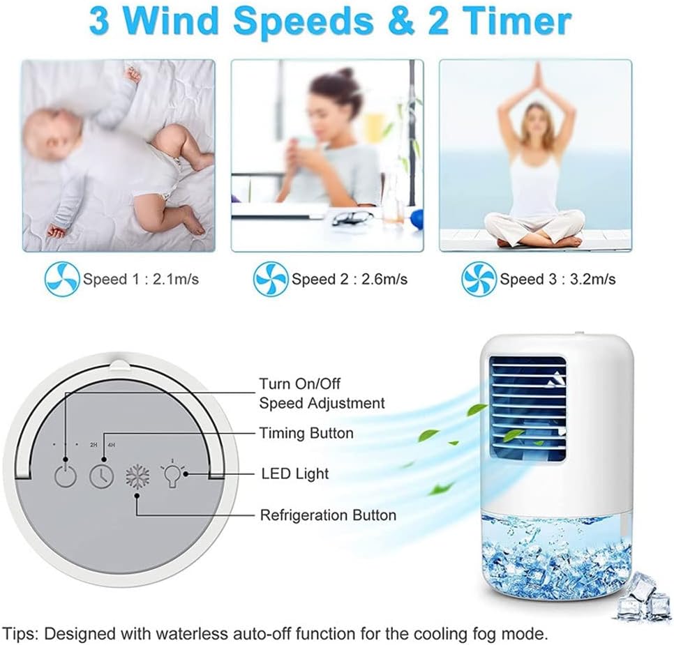 Portable Air Conditioner Cooling Fan, Evaporative Air Cooler for Room, 3 Wind Speed & 7 LED Light, 4 in 1 Personal Air Conditioners for Room/Office