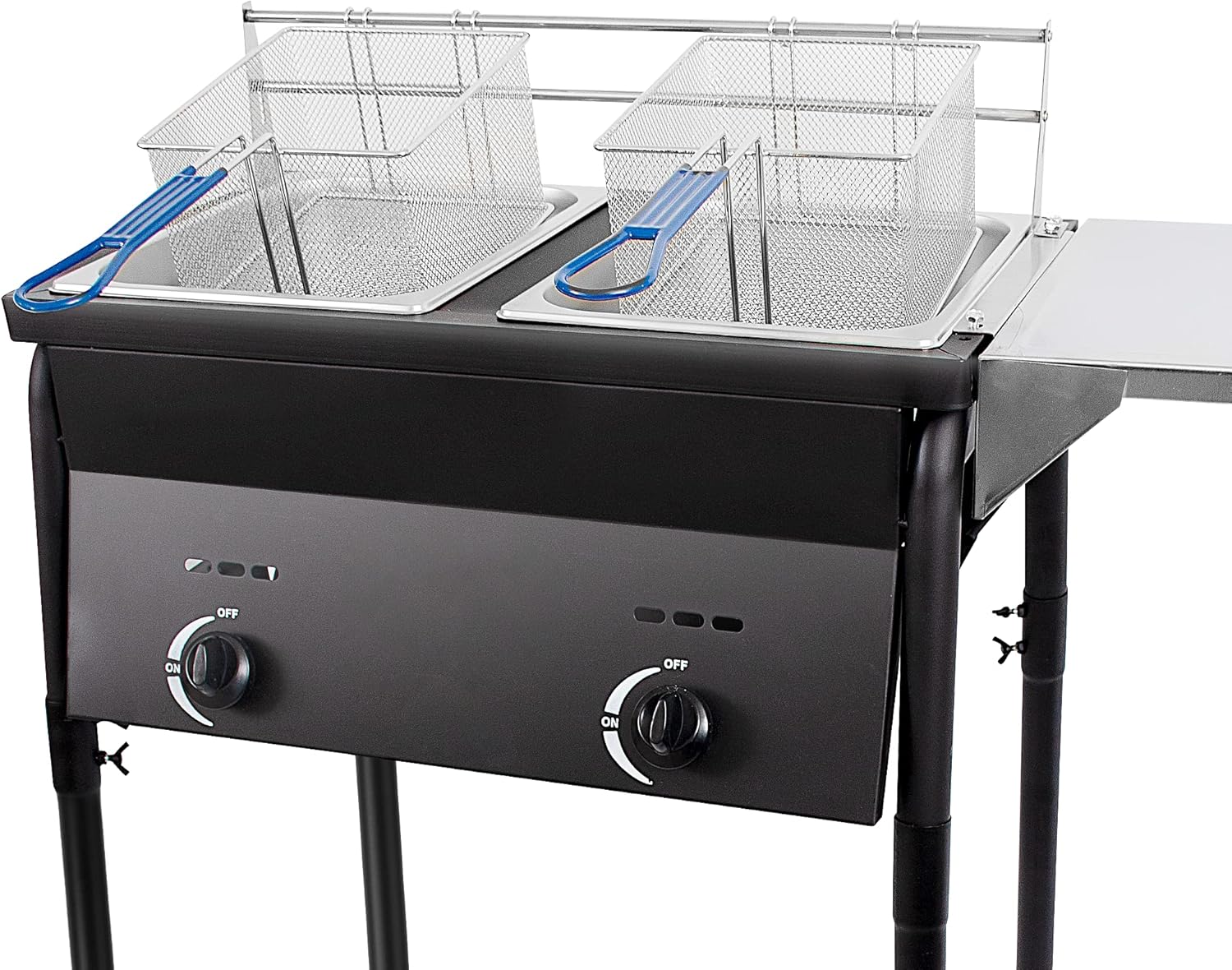 Cast Iron Black Deep Fryer | Two Tank Outdoor Propane Deep Fryer With 2 Stainless Steel Baskets & Lids | Adjustable Temperature Gas Fryer With Regulating Knobs | Large Oil Tanks Capacity