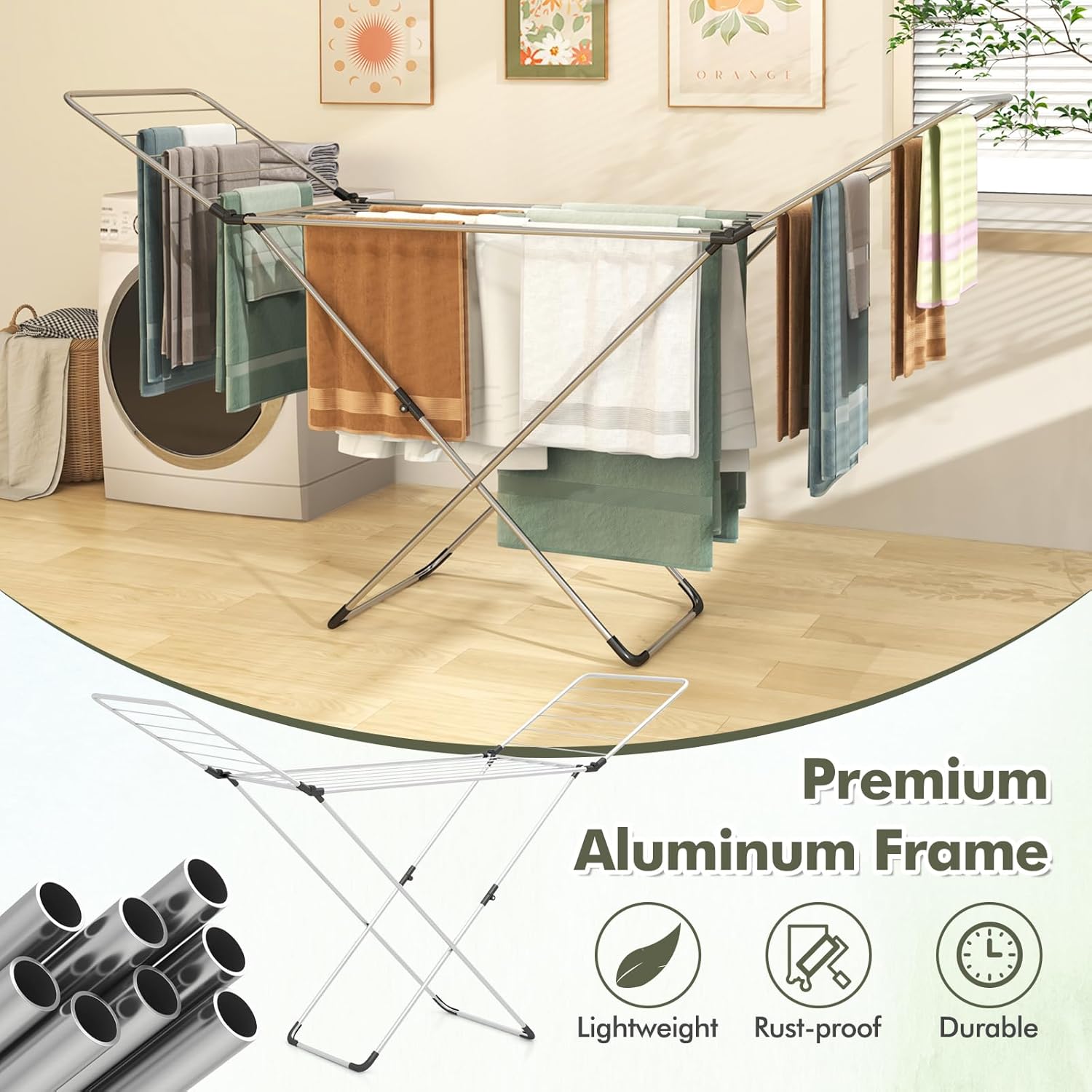 Tangkula Folding Clothes Drying Rack, Lightweight Aluminum Laundry Drying Rack w/Adjustable Wings, 20 Drying Rails, Space-Saving Laundry Hanger for Indoor & Outdoor Use, No Assembly, Silver