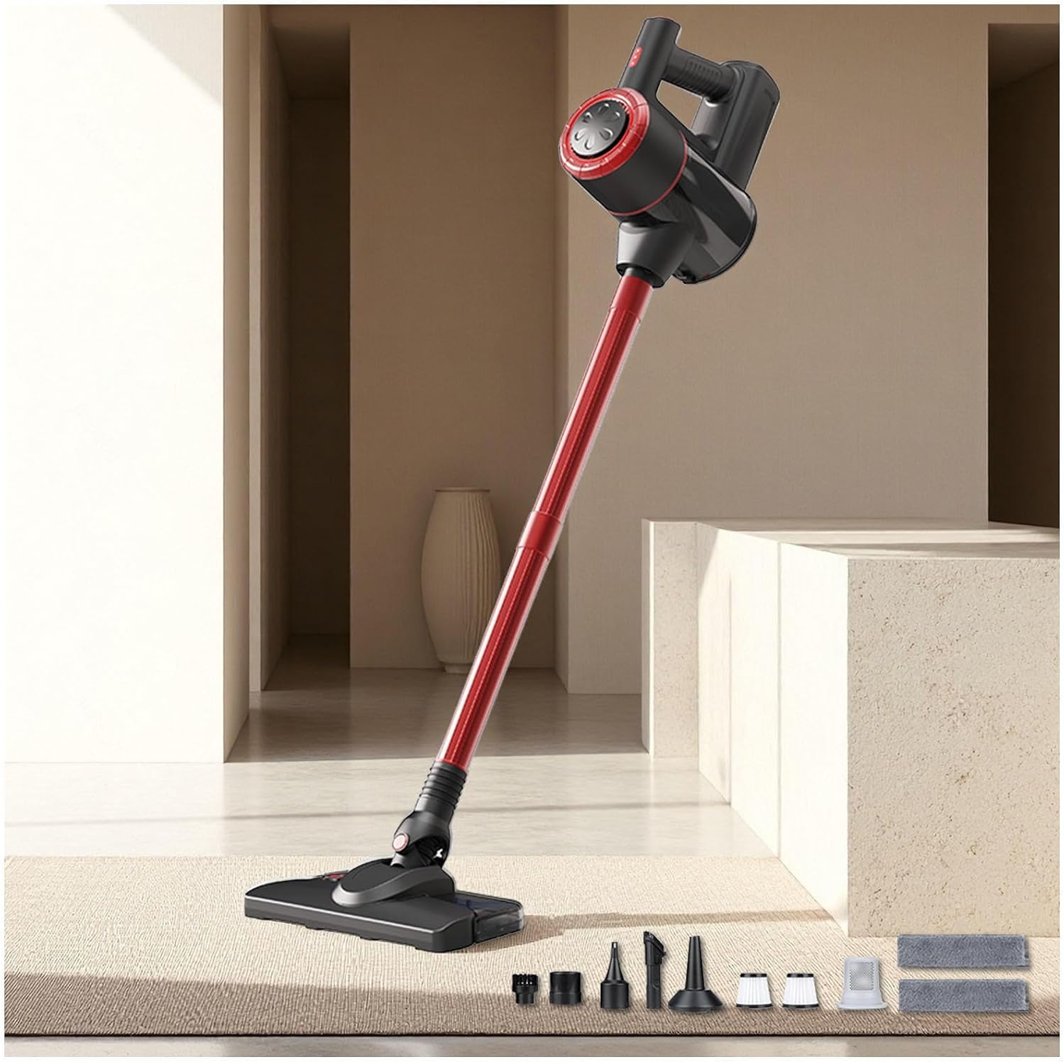 Lightweight Cordless Wireless Vacuum Cleaner for Home 5 in 1, 18Kpa, 8000mah Battery, Household Vacuum Cleaners All in One Vacuum and Mop Combo for Home Carpet Floor Pet Hair,Red
