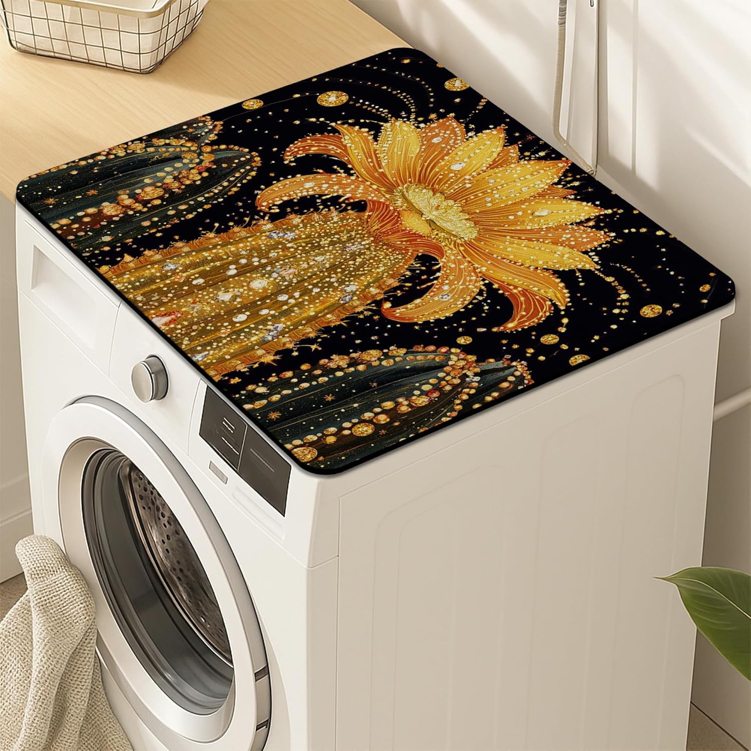 Cactus Washer Dryer Top Protector Mat, Vibrant Desert Floral Laundry Machine Dust Covers, Spring Rubber Anti-slip Waterproof Washer And Dryer Mats for Laundry Room 24x24 Inch