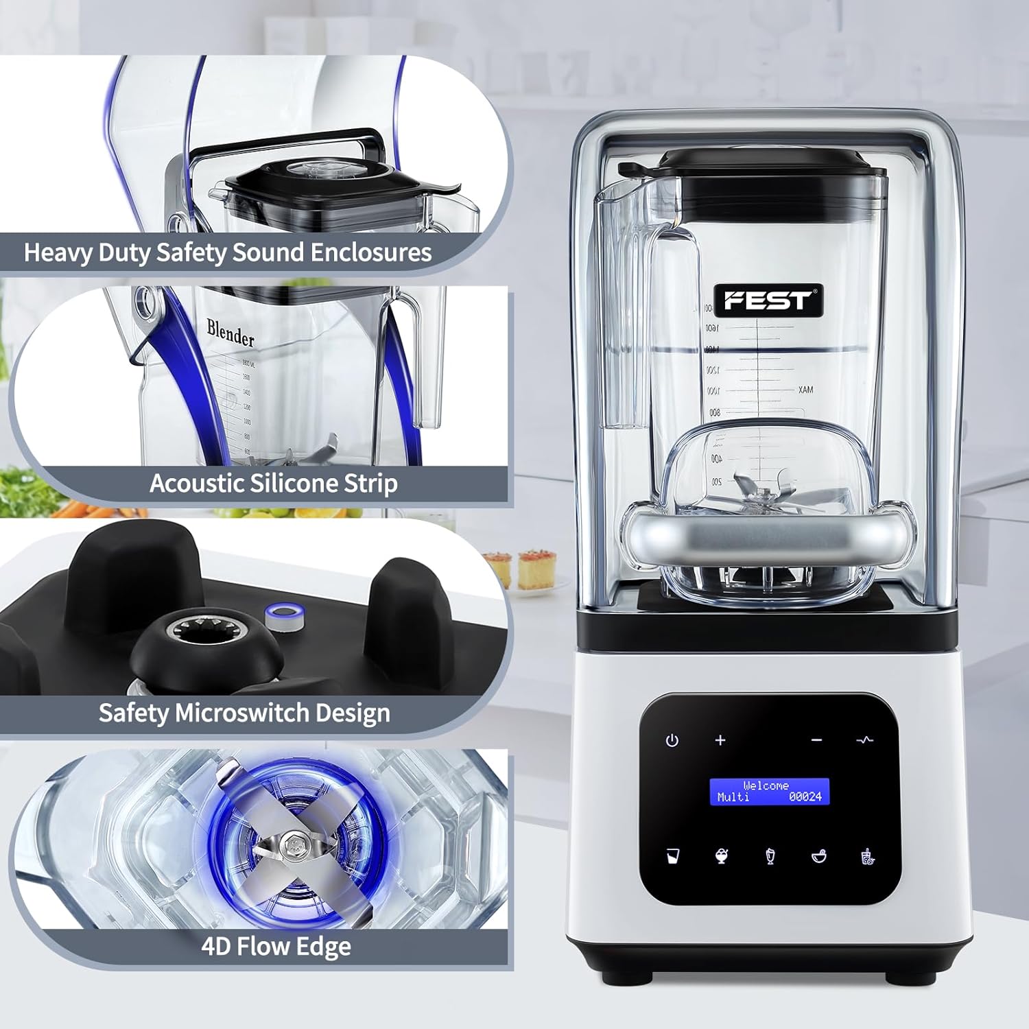 Commercial Blender 2200W Heavy Duty Countertop Blender, Quiet Shield Sound Enclosure, 6-Blade System, DIY Timer & 9-Speed, 5 Preset Programs,Smoothies, Juices, Shakes & Frozen Drinks, 60oz Pitcher