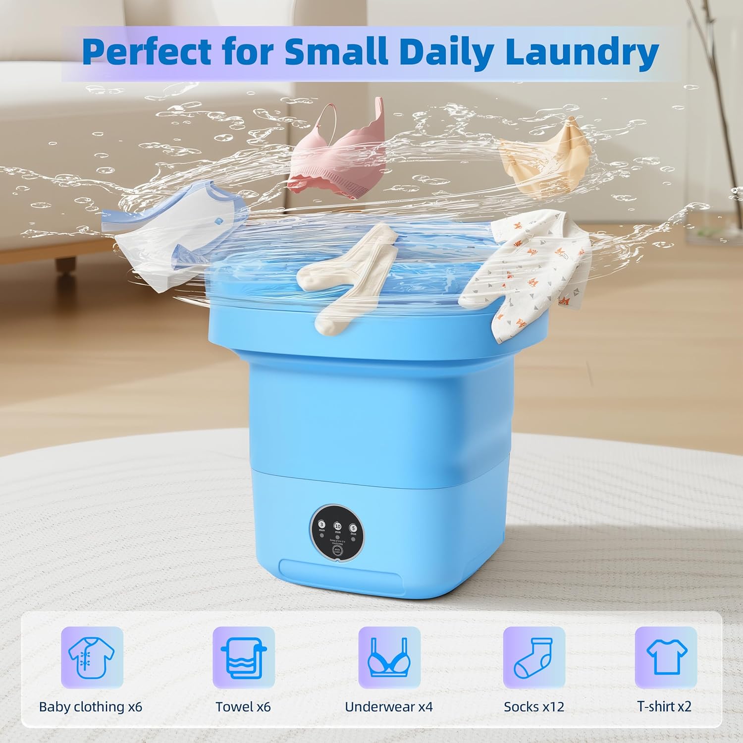 Portable Laundry Machine, 16L Foldable Washer and Dryer with 3 Deep Cleaning Modes, Suitable for Small Clothes, Ideal Mini Laundry Machine for Home, Camping, Hotel and Apartment(Blue)