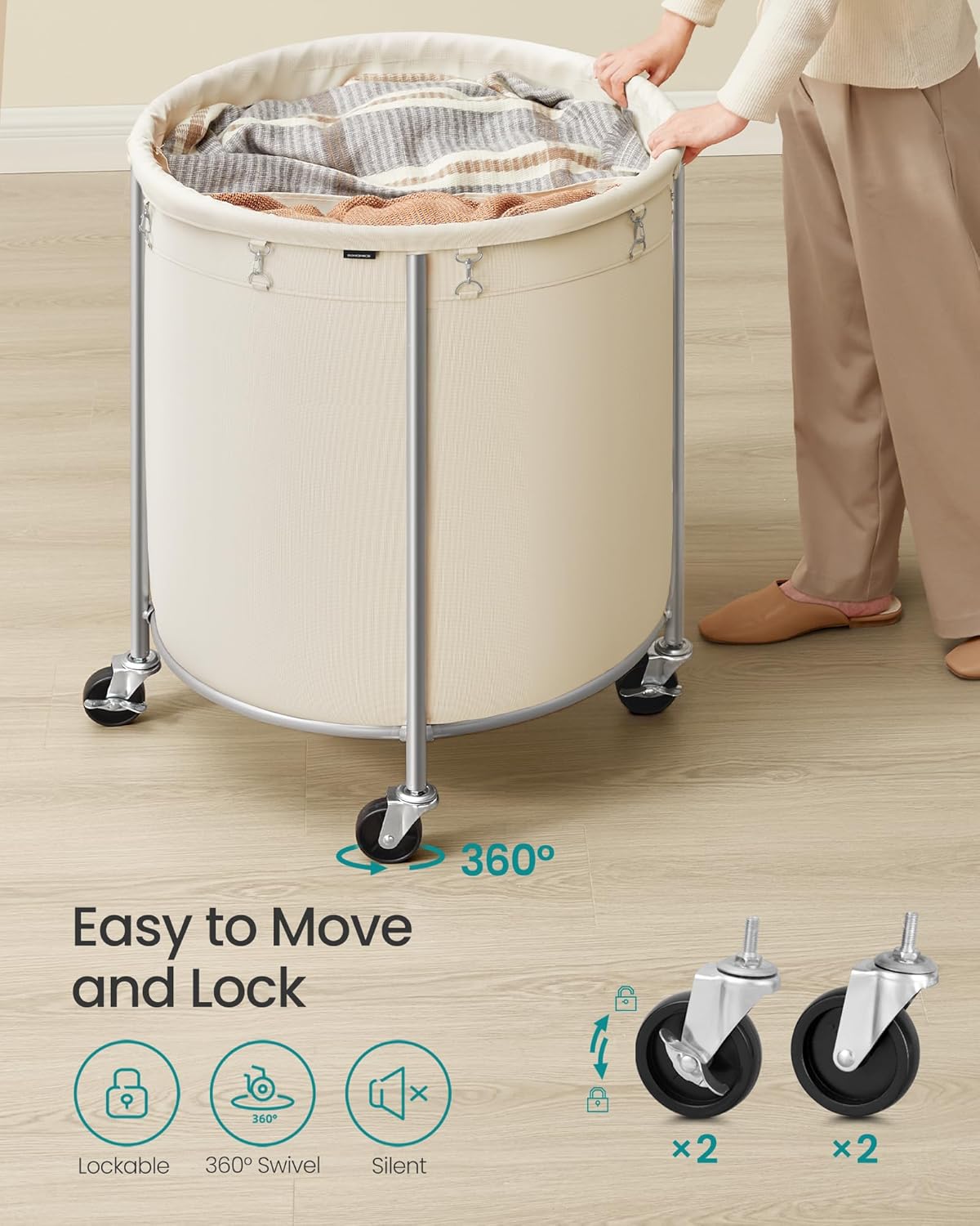 SONGMICS 63.5-Gallon (240 L) Laundry Basket with Wheels, Rolling Round Heavy-Duty Laundry Hamper Cart with Steel Frame and Removable Bag, 2 Locking Wheels, Cream White and Metallic Silver URLS012W01