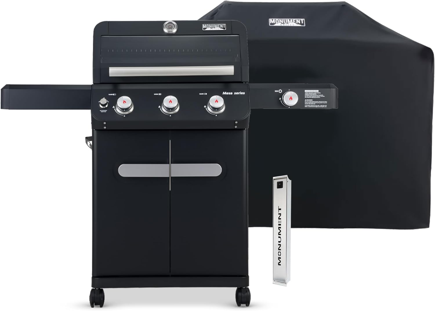 Monument Grills Outdoor Barbecue Stainless Steel 3 Burner Propane Gas Grill, 48,000 BTU Patio Garden Grill with Side Burner, Mesa325 with Accessory Kit(3 items)