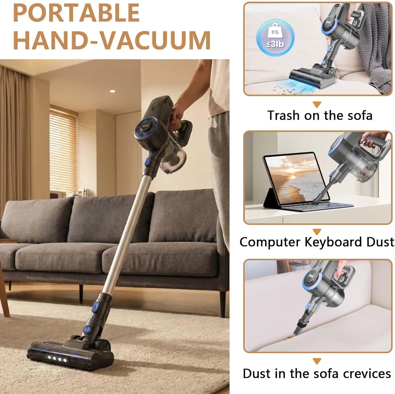 Cordless Vacuum Cleaners, 10kPA Vacuum Wireless for Home, Cordless Rechargeable Vacuum Cleaner with Led Illumination for Carpet, Hard Floor, Pet Hair