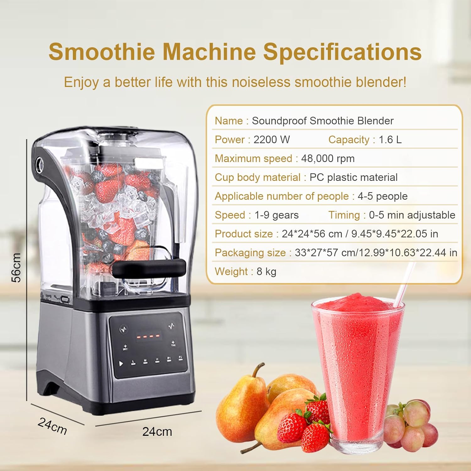 2200W Electric Kitchen Blender With Push Bar, 9 Speed Settings & Pulse Function, Stand Smoothie Mixer, Digital Display+1.6L Jug, For Smoothies, Meal Prep & Commercial Snacks