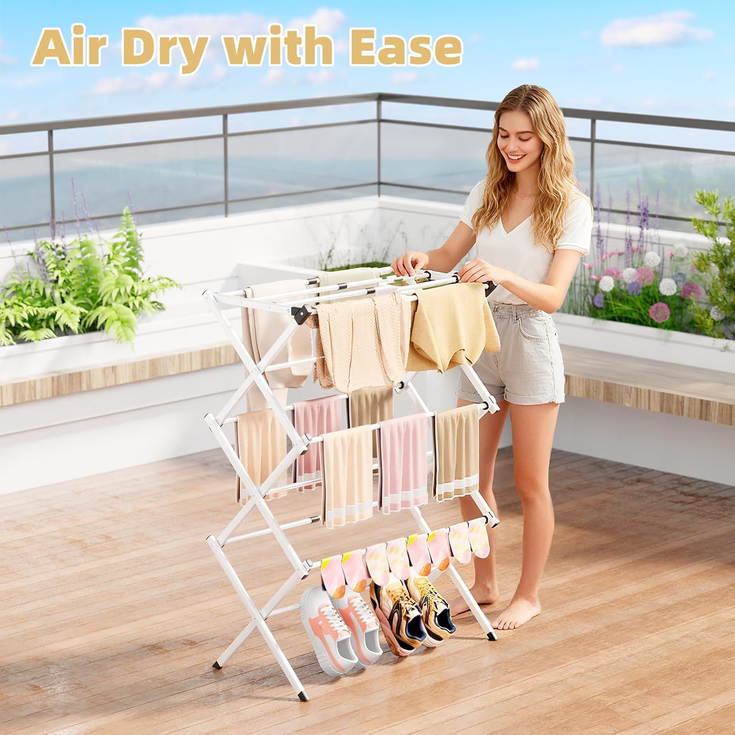 BAKON Foldable Clothes Drying Rack,Space-Saving Expandable & Portable Drying Rack for Clothes,Sturdy Metal Clothes Dryer Rack for Indoor & Outdoor,Laundry Room,Dorm Room,Apartments