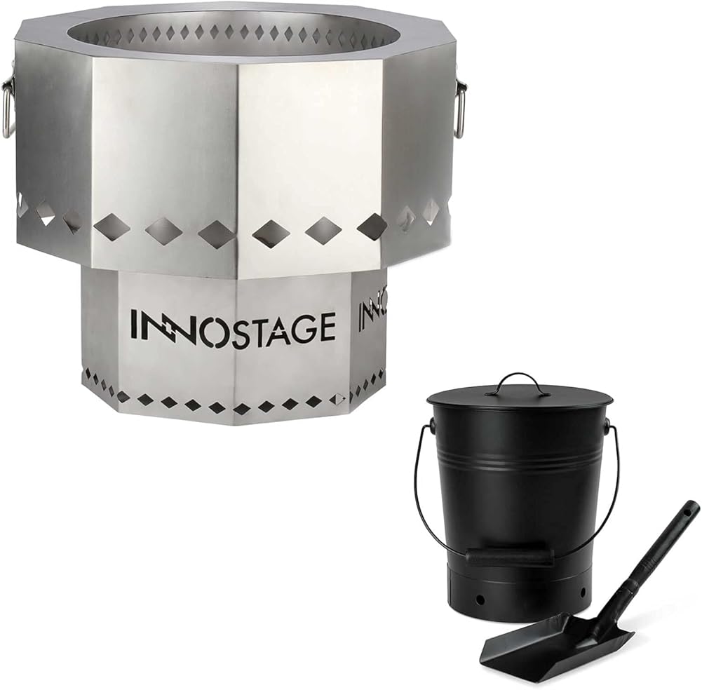 Patented Stainless Bonfire Fire Pit with Portable Carrying Storage Bag and Ash Bucket with Lid and Wood Handle Coal Shovel