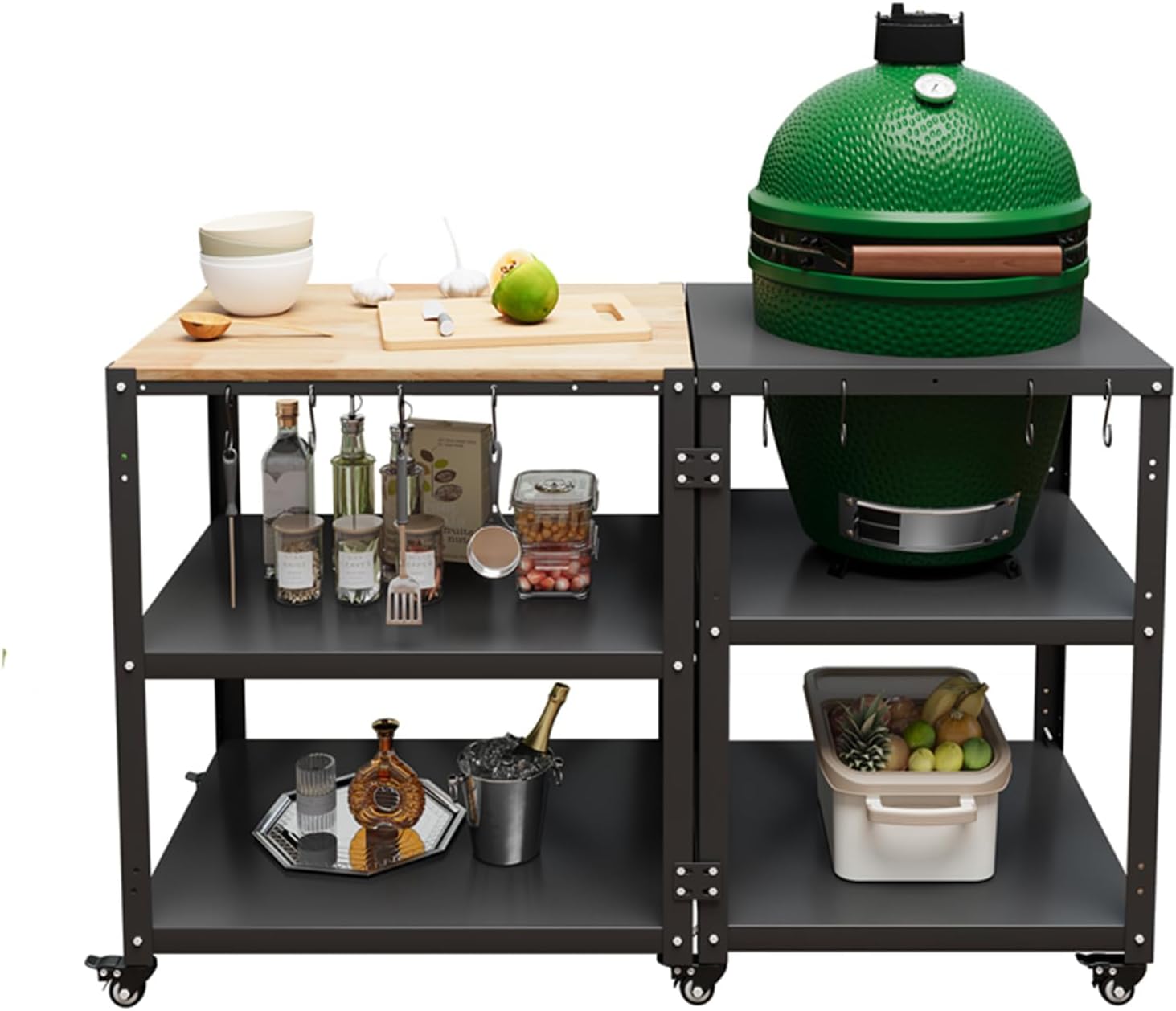 Grill Table for Big Green Egg Accessories,Compatible with L to MINI Models Big Green Egg,Kamado Joe,Heavy Duty Metal Outdoor Grill Station Prep Table with Storage