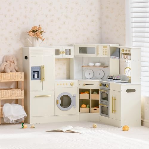 ROBOTIME Kids Kitchen Playset, Corner Wooden Play Kitchen with Fridge, Oven, Sink, Microwave & Washer, Realistic Lights & Sounds, Toddler Wooden Kitchen Toy Gift for Boys & Girls Ages 3+