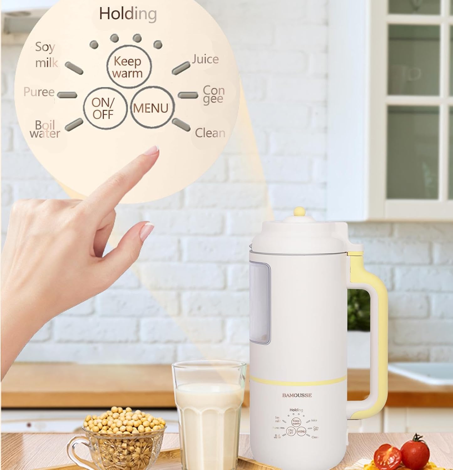 Bamousse Electric Oat Milk Maker, White, Automatic Plant Based Milk Machine, Countertop Blender with Display Window