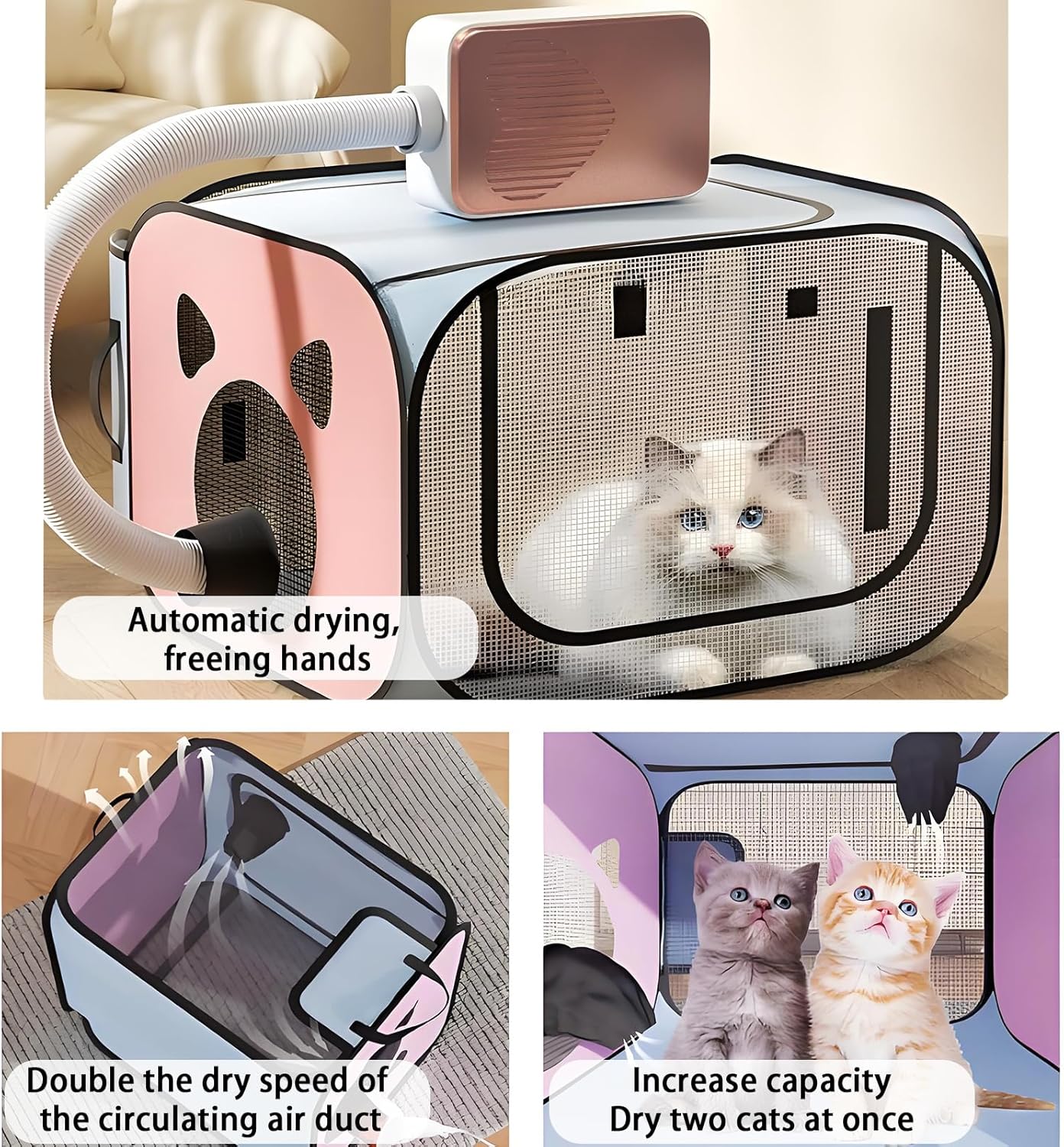 Pet Dryer with Pet Dryer Box 108L and Pad, Hands-Free, Ventilation and Circulation, Anti Hair Flying, Foldable Low Noise ldeal for Drying Cat and Dog Hair