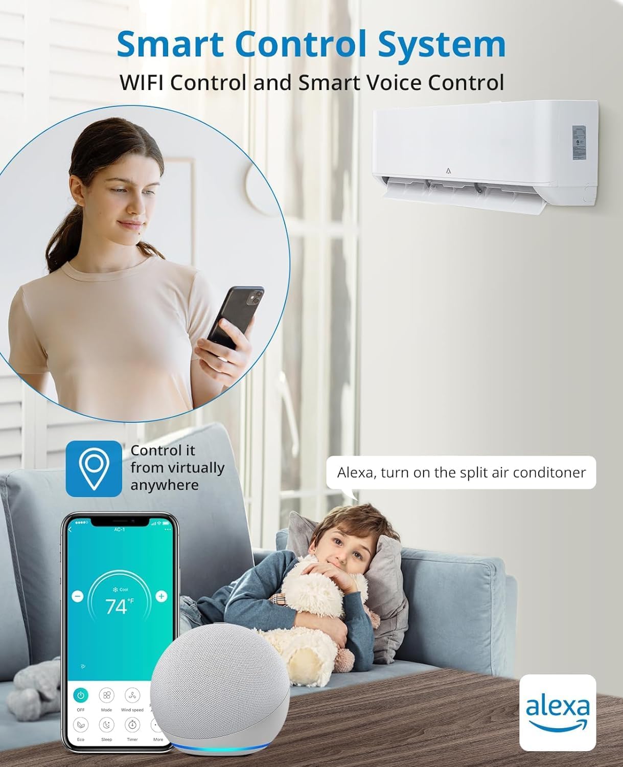 24,000 BTU Split Air Conditioner, Split AC/Heating System 23 SEER Split-System Air Conditioner Inverter, Cools Rooms up to 1500 Sq. Ft, Mini Split A/C